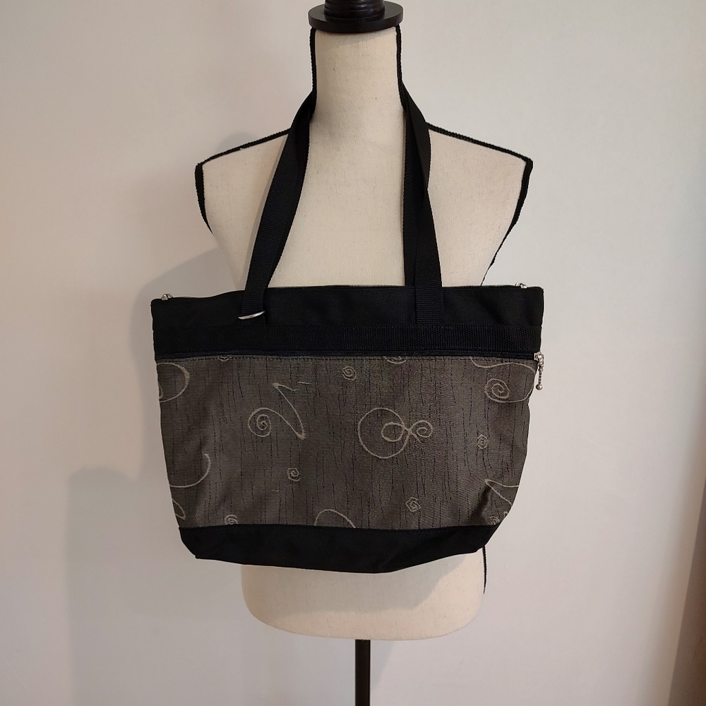 Great Bags Black And Gray Abstract Canvas Tote Multi Zip Compartments Pu…